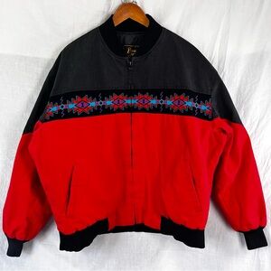 Vintage 90s David James Western Aztec Embroidered Coat Mens XL Red Black Quilted